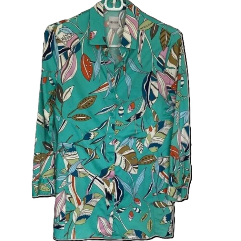 Nic+Zoe Teal Leaf Print Women's Blouse